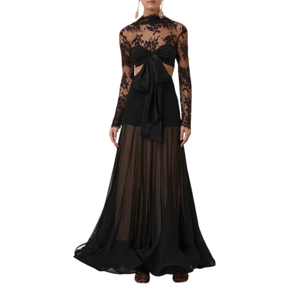 Zimmermann Silk Floral Lace Illustration Cut out Maxi Dress Black Women's Size 1